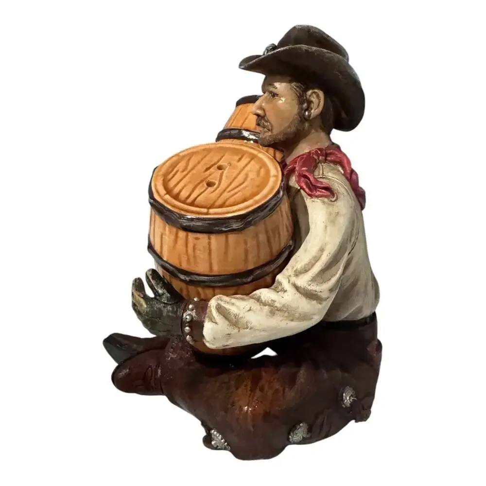 Rivers Edge Cowboy Holding Barrels Salt Pepper Shaker Set Western Rustic